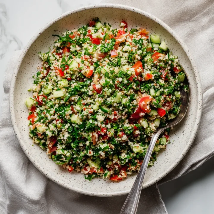 Overhead view of tabbouleh salad with herbs and diced vegetables in a bowl.