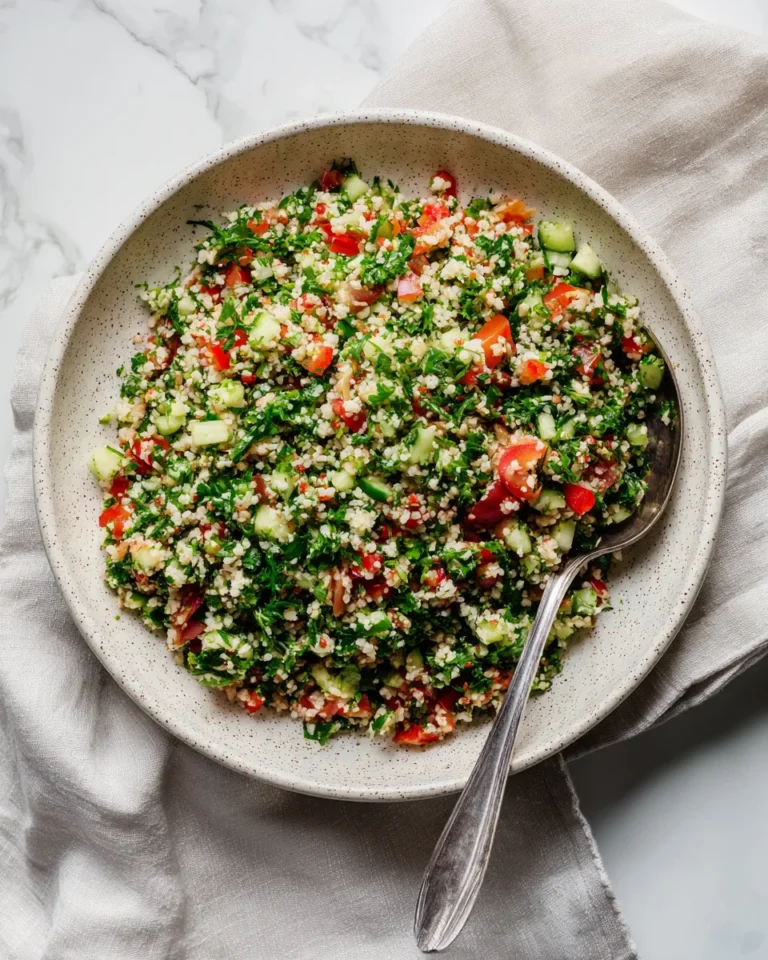 Overhead view of tabbouleh salad with herbs and diced vegetables in a bowl.
