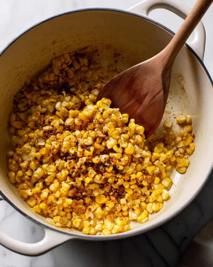 Roasted corn kernels in a pot with Mexican spices and char marks.