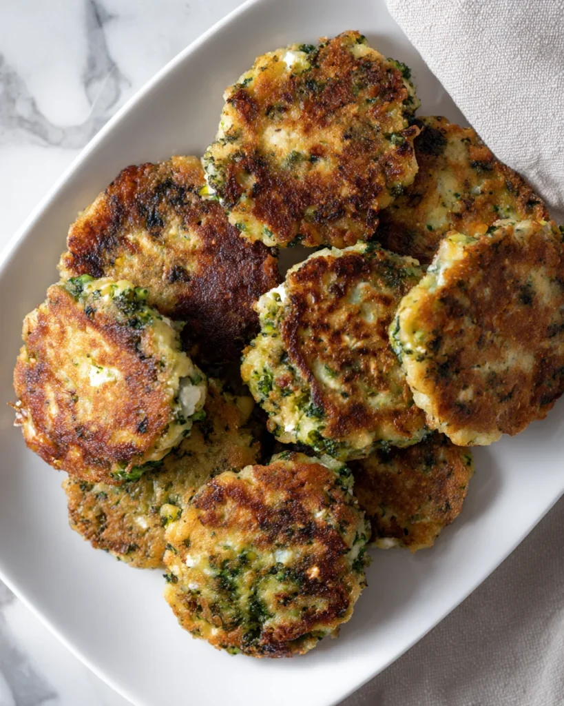 Crispy golden chicken broccoli feta fritters on a white plate