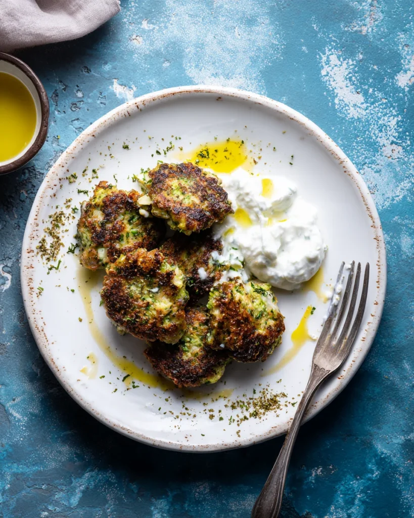 Chicken broccoli fritters with yogurt dip on a plate