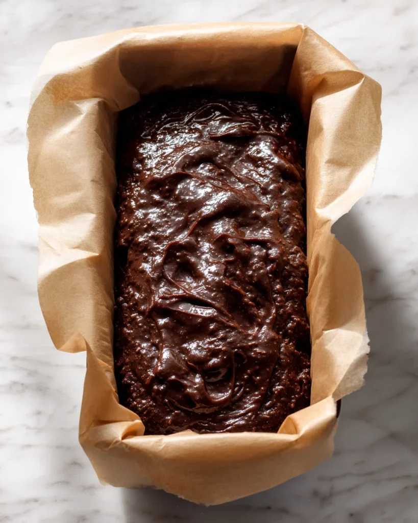  Unbaked chocolate loaf batter in a parchment-lined pan on a marble counter

