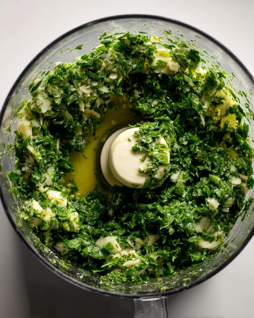 Chopped parsley and garlic mixture in a food processor with olive oil for lemon tahini dressing