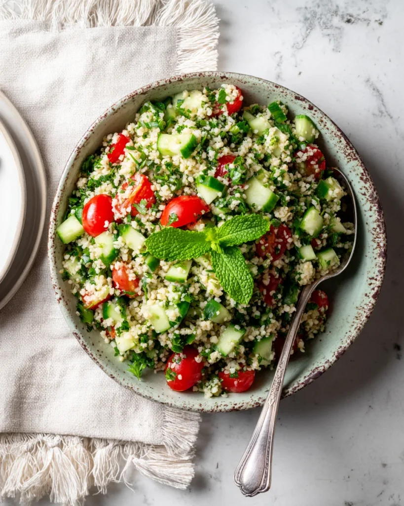 Bowl of bulgur tabbouleh salad with cucumbers and tomatoes, garnished with fresh mint.