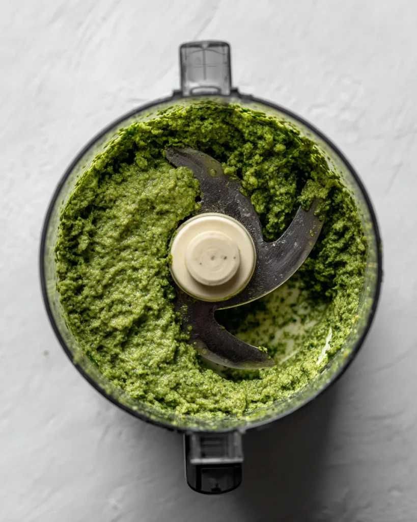 Thick green tahini herb paste in food processor, coarse texture and visible chopped ingredients