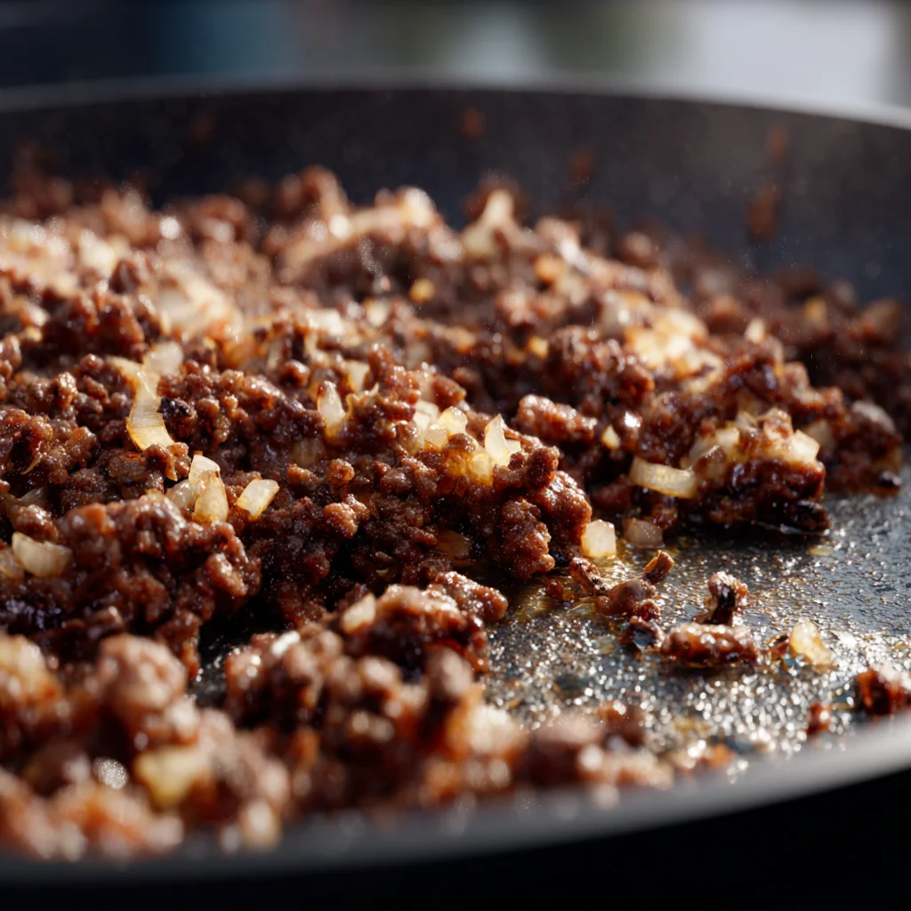Browned ground beef with onions in a skillet