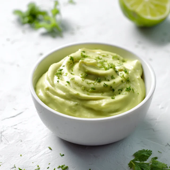 Creamy avocado lime dip in a bowl on a white surface, topped with chopped cilantro, fresh lime wedge and scattered herbs nearby