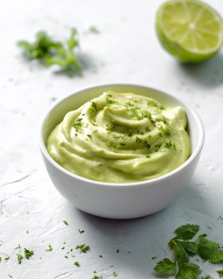Creamy avocado lime dip in a bowl on a white surface, topped with chopped cilantro, fresh lime wedge and scattered herbs nearby