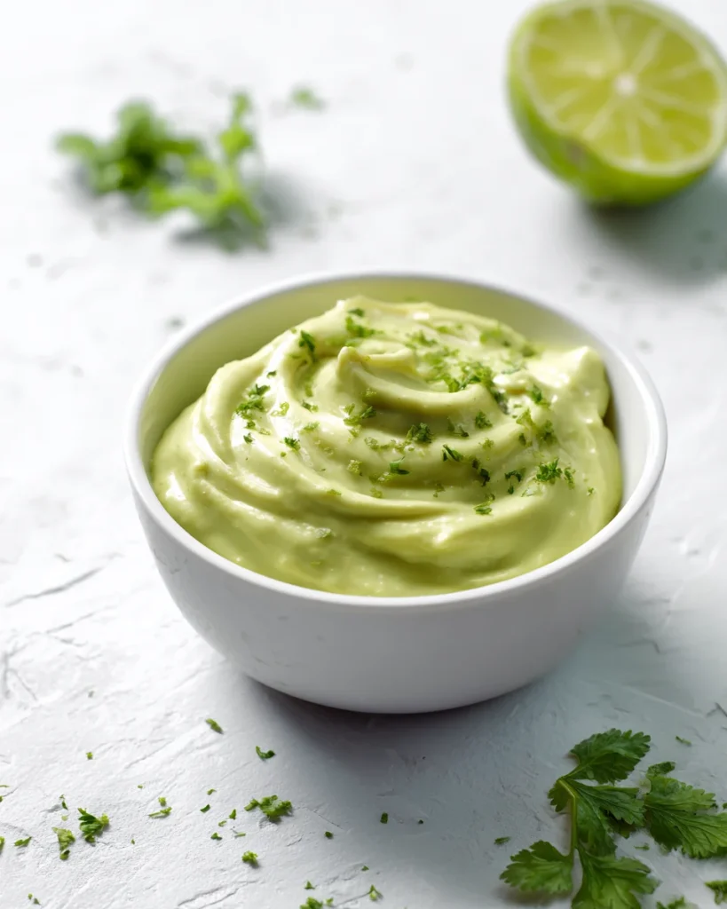 Creamy avocado lime dip in a bowl on a white surface, topped with chopped cilantro, fresh lime wedge and scattered herbs nearby