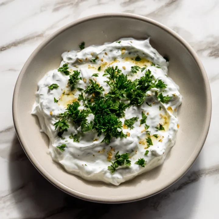 Creamy garlic yogurt dip topped with fresh herbs on a marble countertop.