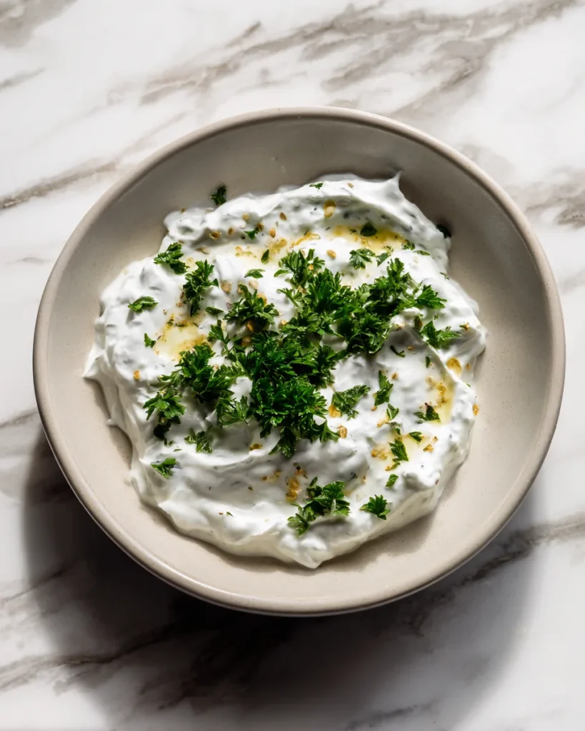 Creamy garlic yogurt dip topped with fresh herbs on a marble countertop.