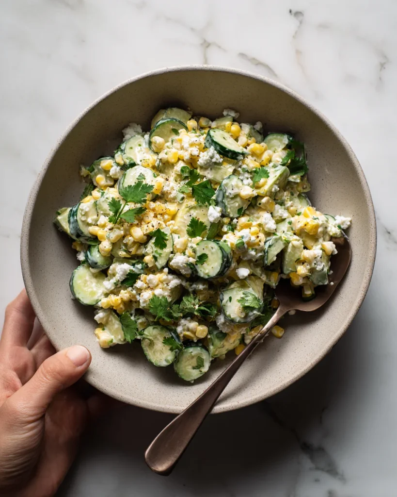 Bowl of creamy Mexican cucumber and corn salad held in hand on marble background