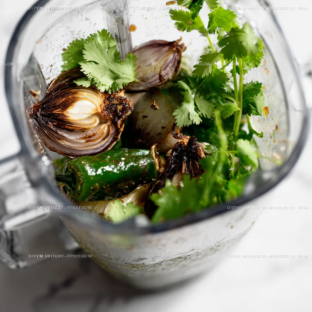 Fresh cilantro, charred jalapeños, and onions in a blender before blending salsa