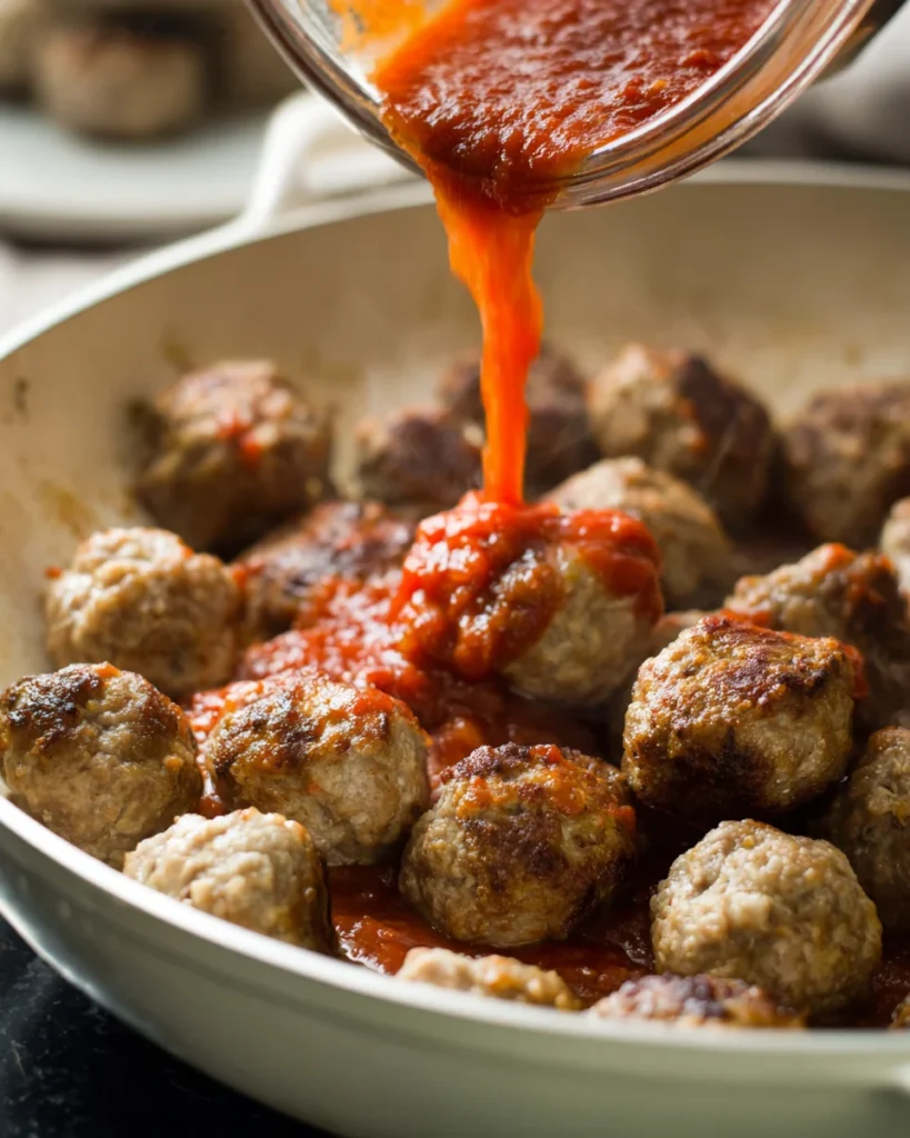 Pouring tomato sauce over seared meatballs in a skillet