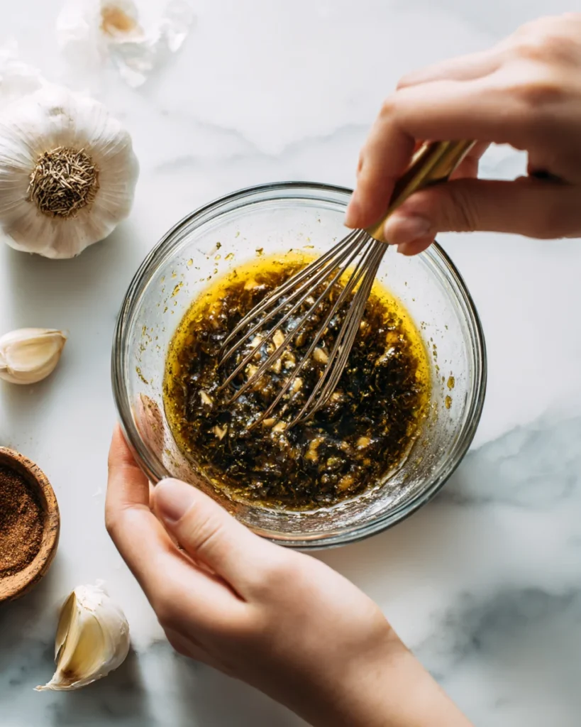 Hands whisking fresh olive oil, garlic, sumac and lemon dressing for fattoush salad in a glass bowl