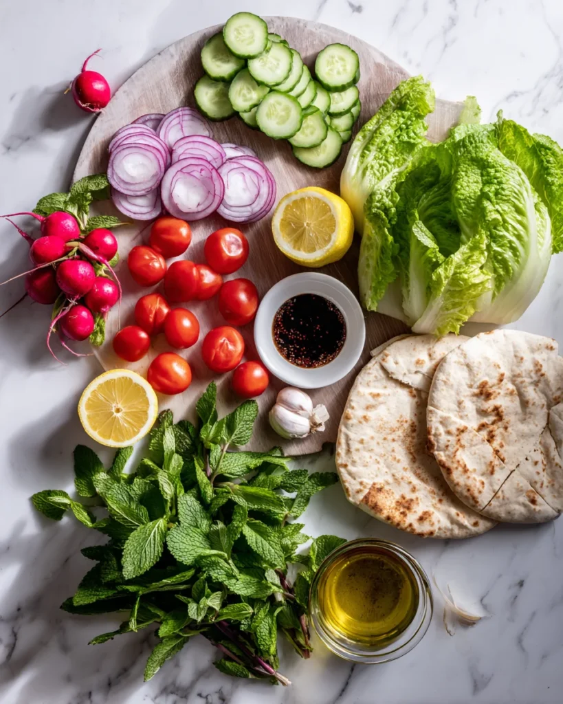 Flat lay of fattoush salad ingredients including romaine lettuce, cucumber, cherry tomatoes, red onion, radishes, mint, parsley, garlic, pita, olive oil and lemon