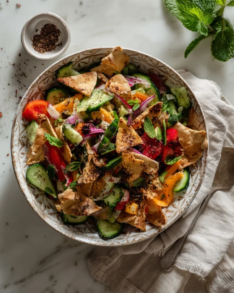 Overhead shot of beautifully styled fattoush salad with lettuce, cherry tomatoes, cucumbers, radishes, red onion, herbs and toasted pita chips