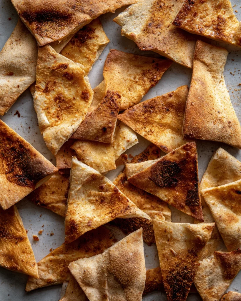  Rustic golden toasted pita chips broken into pieces for fattoush salad on a baking tray