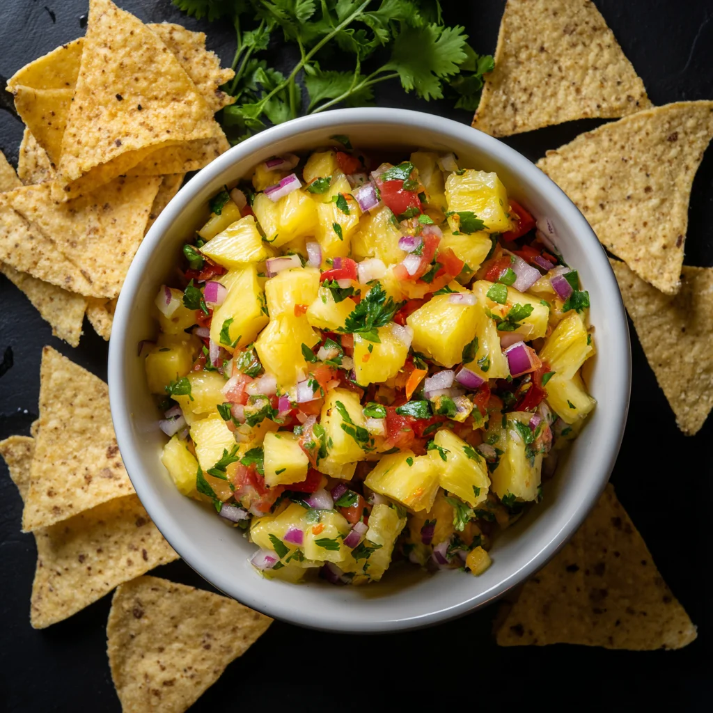 Chunky pineapple salsa with red onion and herbs in a white bowl on black background with chips