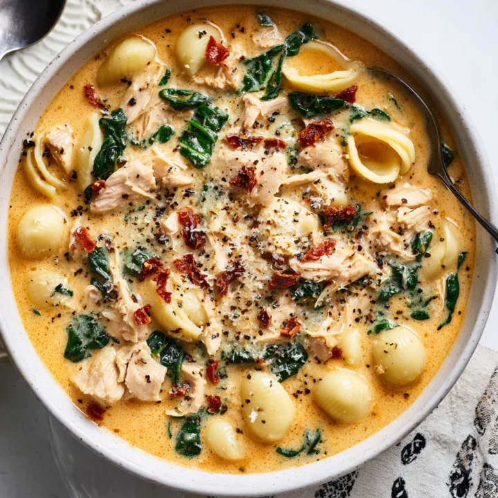 creamy orange marry me chicken soup in a white bowl with pasta shells, chicken, spinach, and sun-dried tomatoes