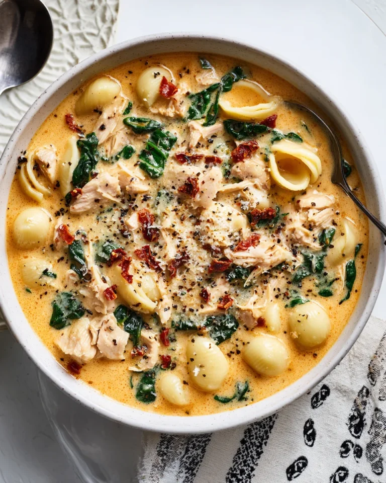 creamy orange marry me chicken soup in a white bowl with pasta shells, chicken, spinach, and sun-dried tomatoes