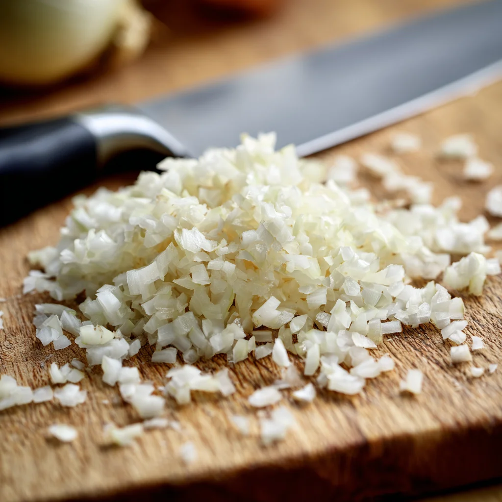 : Finely chopped white onions on a wooden cutting board