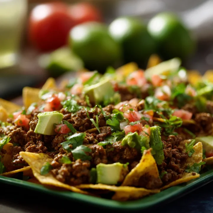 Loaded nachos on a green platter with beef, avocado, and pico de gallo