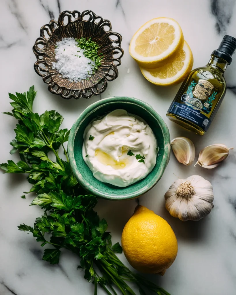 Garlic yogurt dip ingredients arranged beautifully on marble.