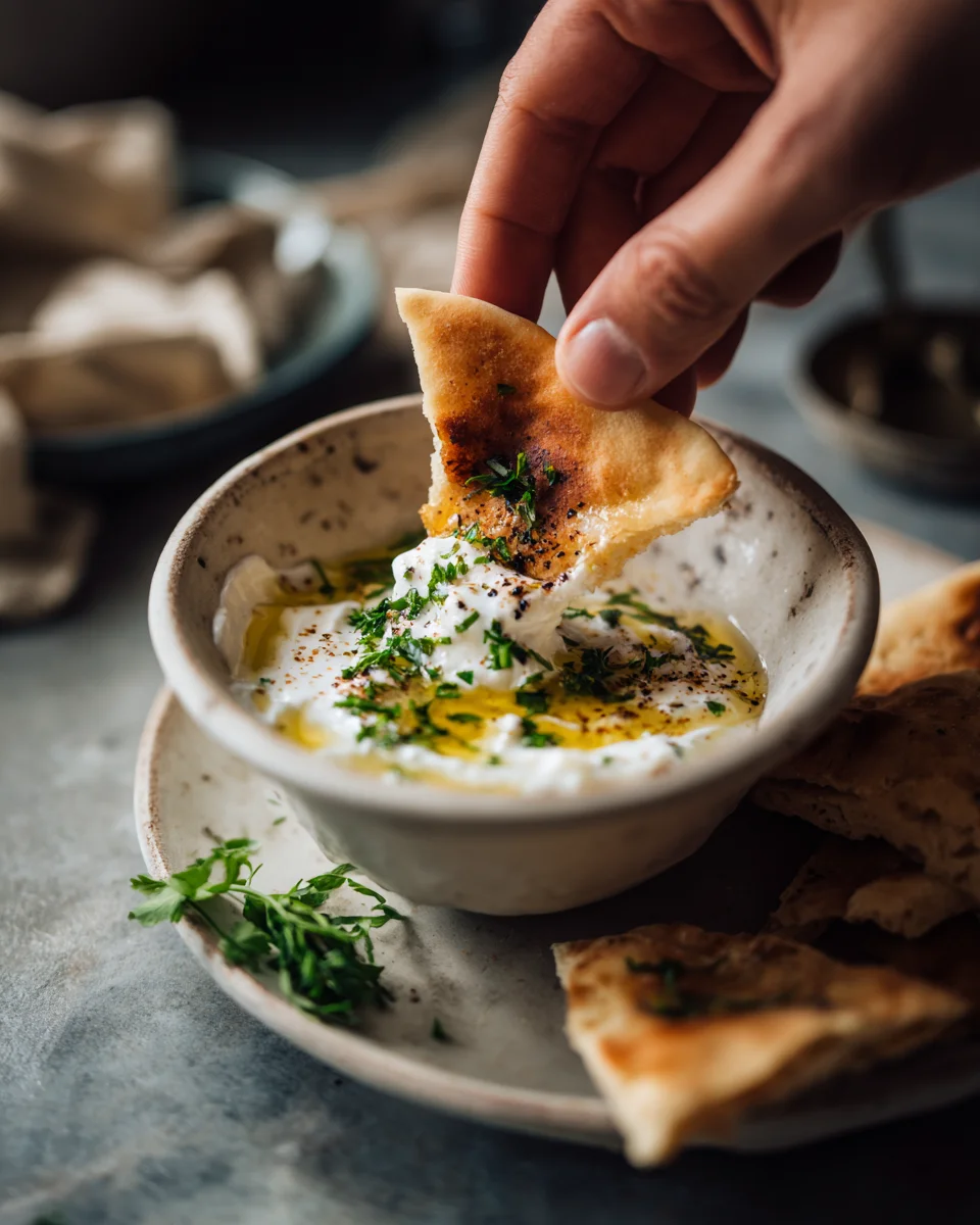 Garlic yogurt dip being scooped with freshly grilled pita bread.