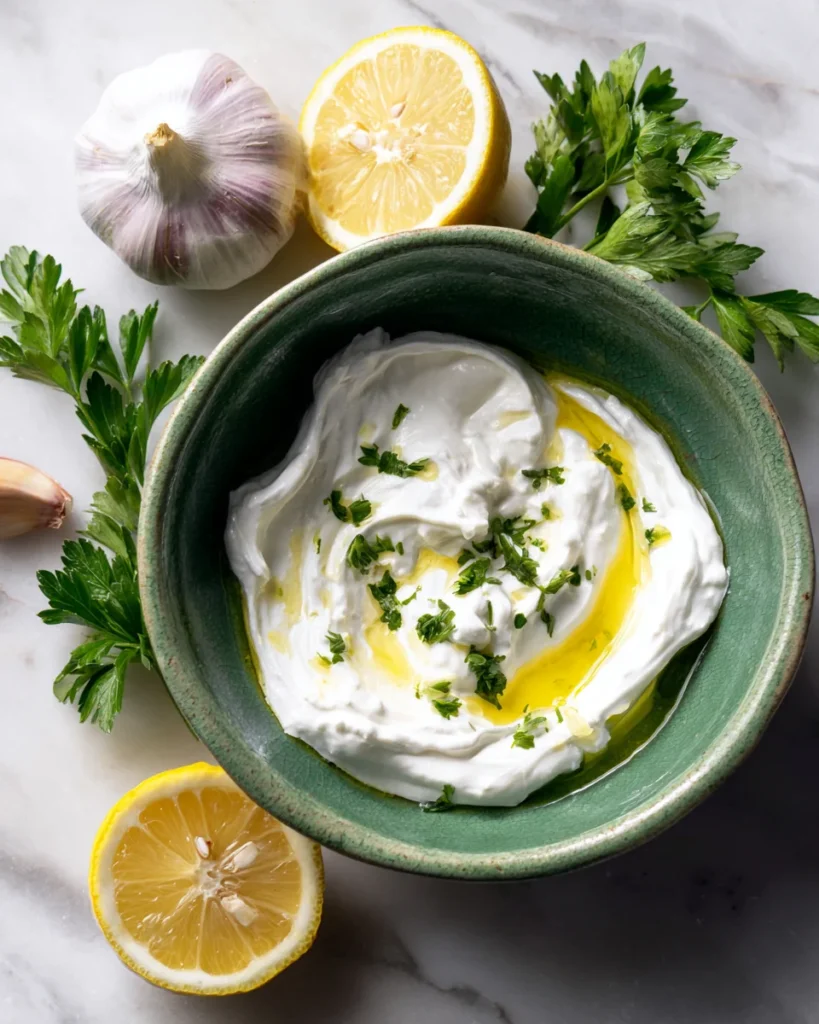 Garlic yogurt dip garnished with fresh parsley, lemon, and garlic on marble surface.