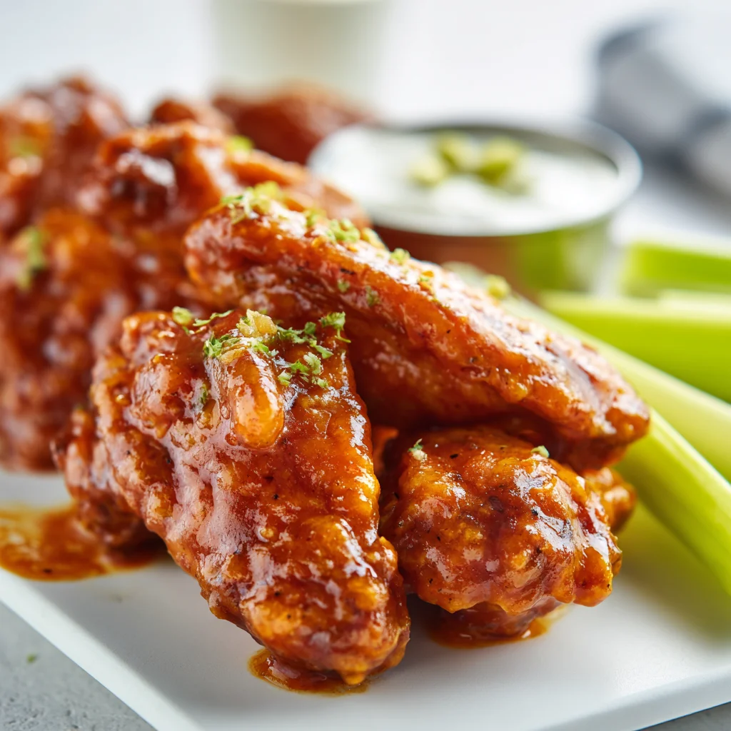 Close-up of saucy Buffalo wings garnished with herbs and served with celery sticks