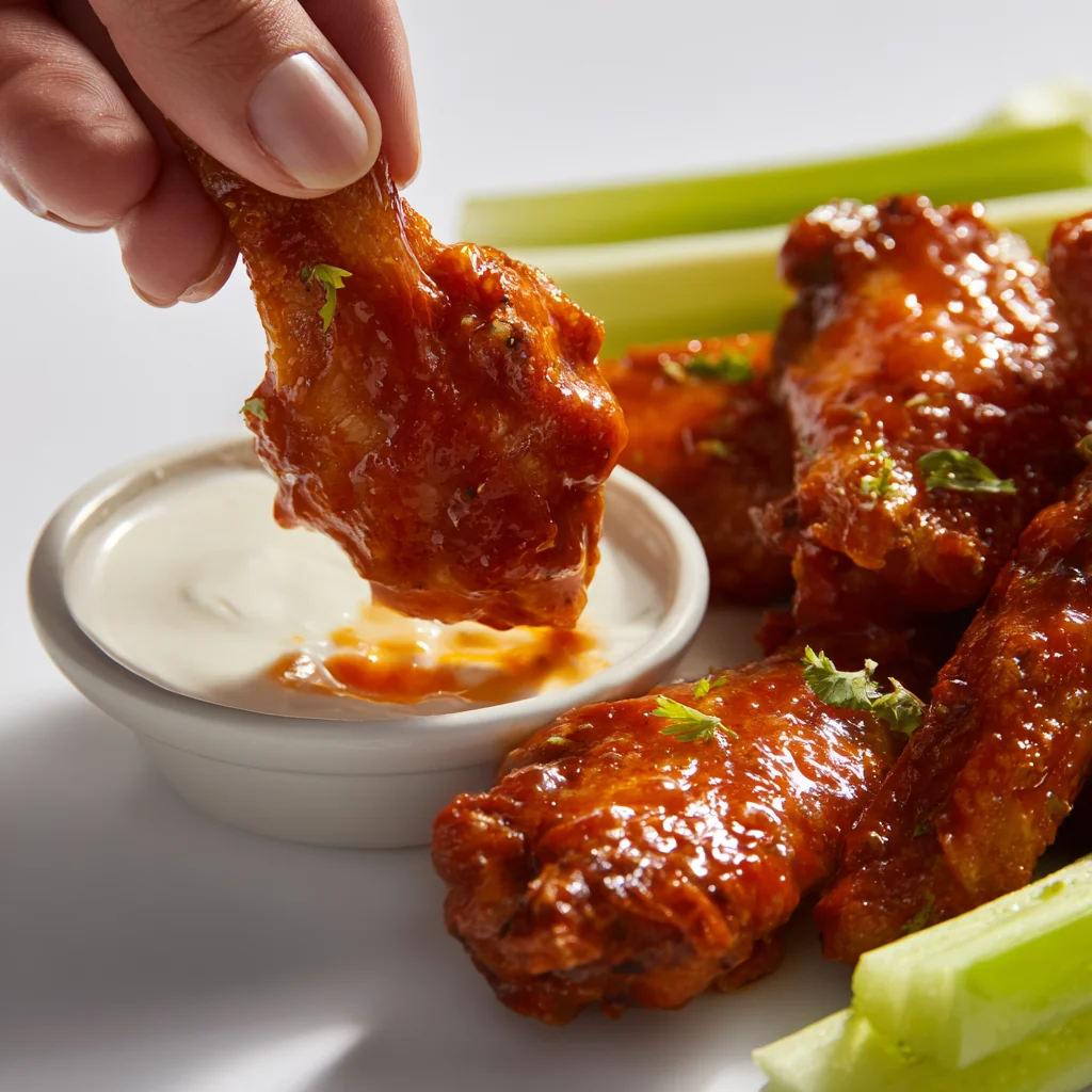 Hand dipping a spicy Buffalo wing into creamy ranch dressing with celery sticks on the side