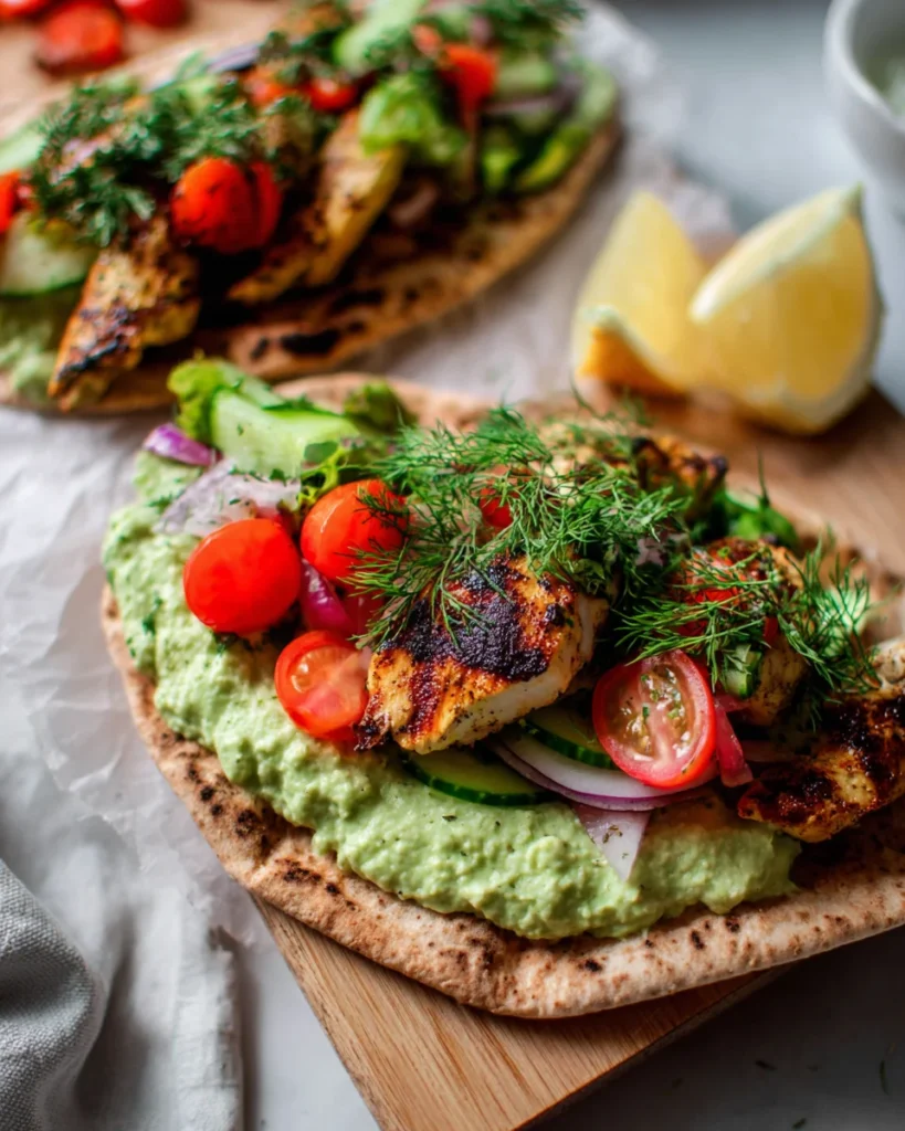 Grilled flatbread wrap topped with creamy avocado lime dip, spiced chicken, cherry tomatoes, cucumber, and fresh dill