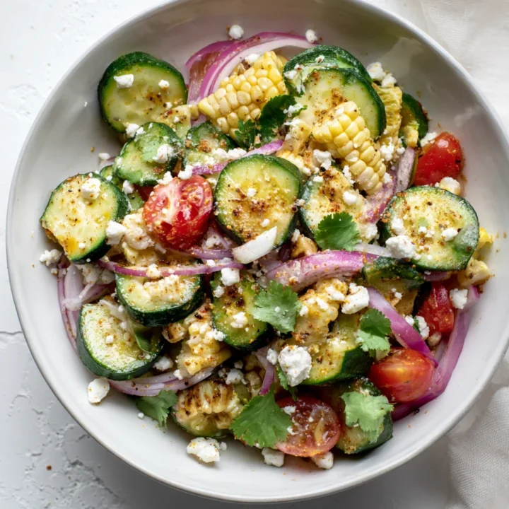Summer cucumber corn salad with grilled vegetables, red onion, feta, and cilantro