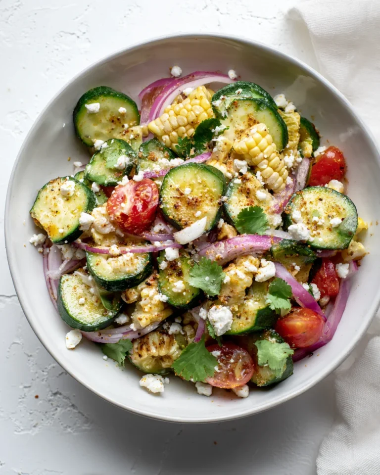 Summer cucumber corn salad with grilled vegetables, red onion, feta, and cilantro