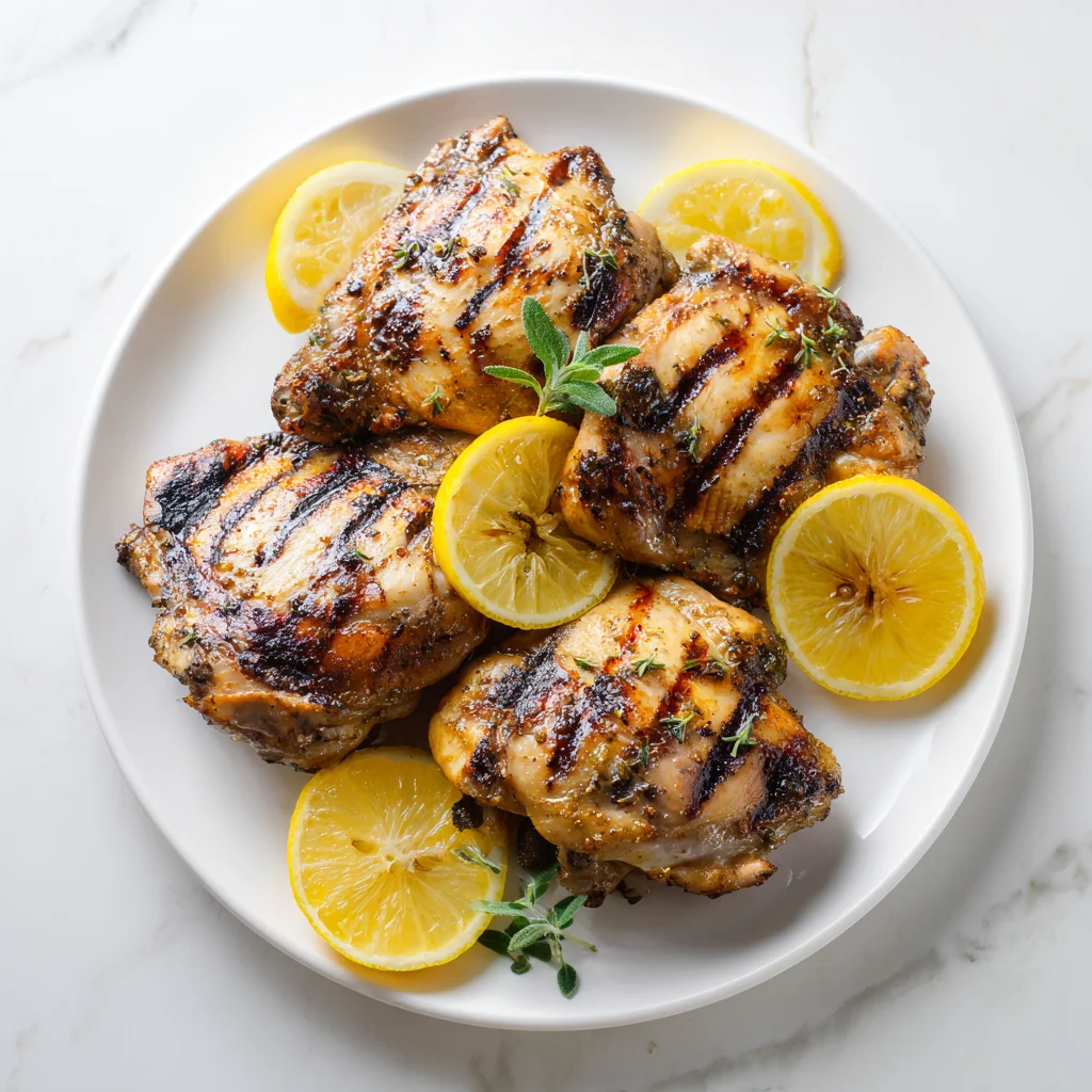 Grilled chicken thighs with lemon garlic marinade served on a white plate with lemon slices