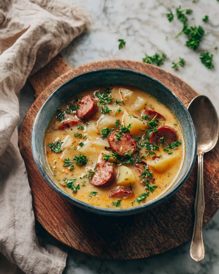 Overhead view of Cajun potato soup with sausage and potatoes in a bowl on marble with vintage spoon