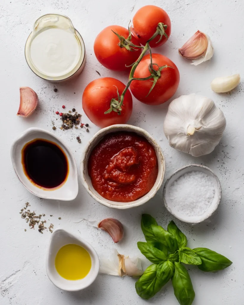 Fresh tomatoes, garlic, cream, basil, olive oil, and tomato paste on a white background