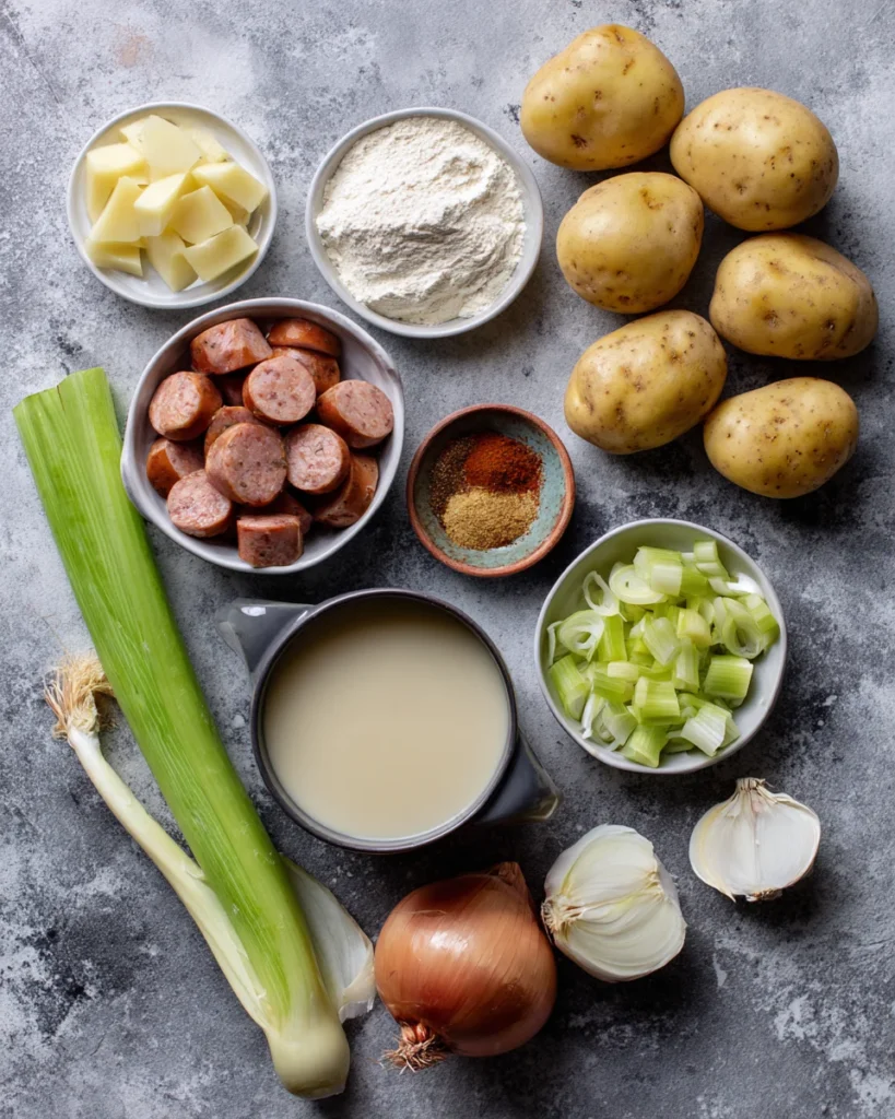 Flat lay of Cajun potato soup ingredients including sausage, potatoes, flour, broth, onion, garlic, and celery