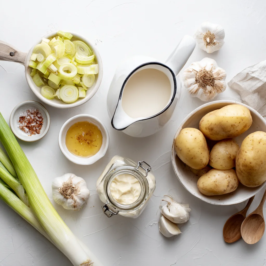 Overhead view of ingredients for creamy potato soup, including Yukon gold potatoes, sliced leeks, garlic, cream, broth, and sea salt on a white background

