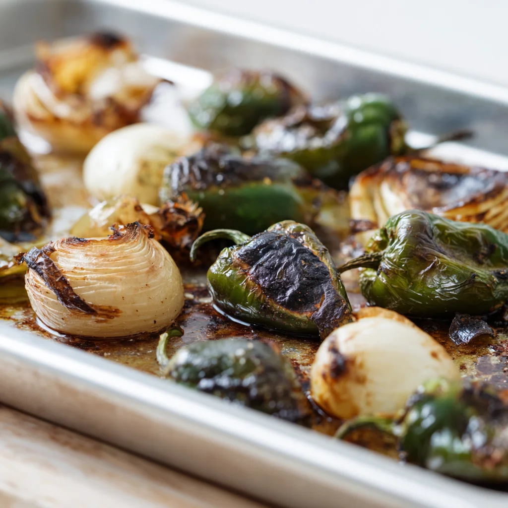 Charred roasted jalapeños and onions on a metal baking tray