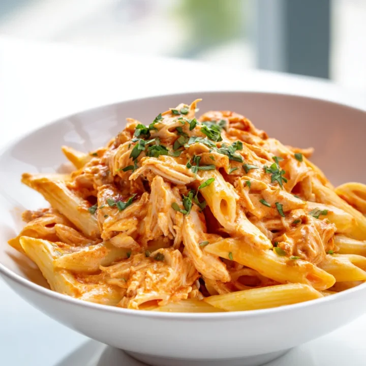 Creamy Buffalo Chicken Pasta served in a white bowl on a bright table, garnished with fresh herbs.