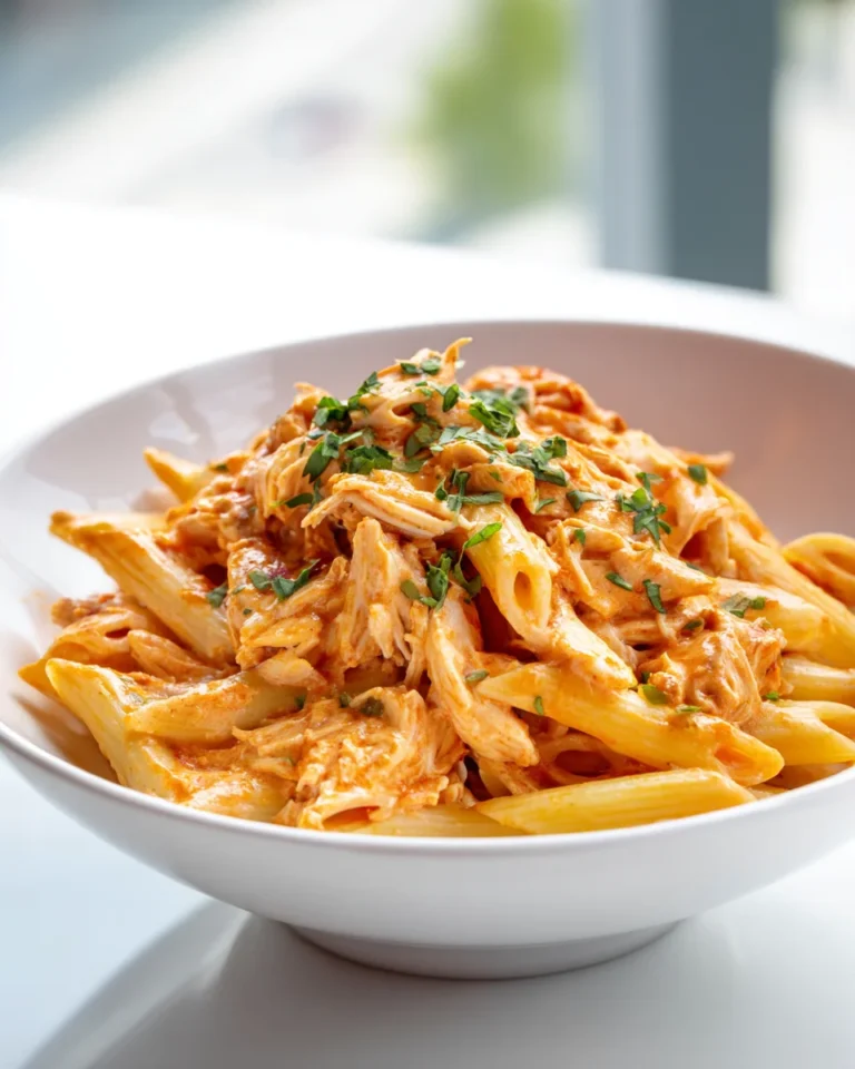 Creamy Buffalo Chicken Pasta served in a white bowl on a bright table, garnished with fresh herbs.