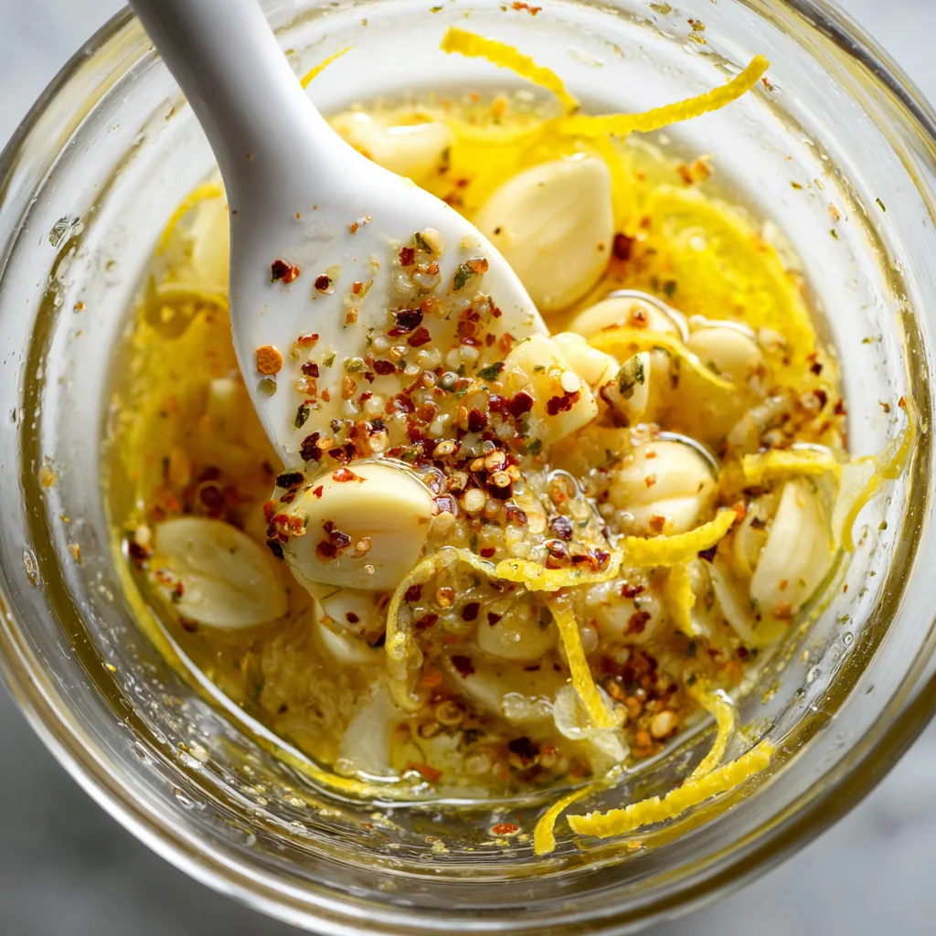 Close-up of lemon garlic marinade with olive oil, crushed red pepper, and garlic in a jar being stirred with a spatula