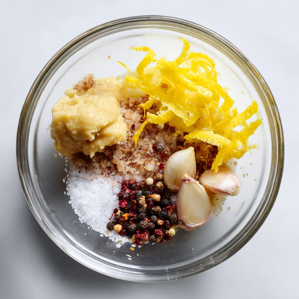 Garlic cloves, lemon zest, salt, pepper, mustard, and crushed pepper flakes arranged in a clear bowl