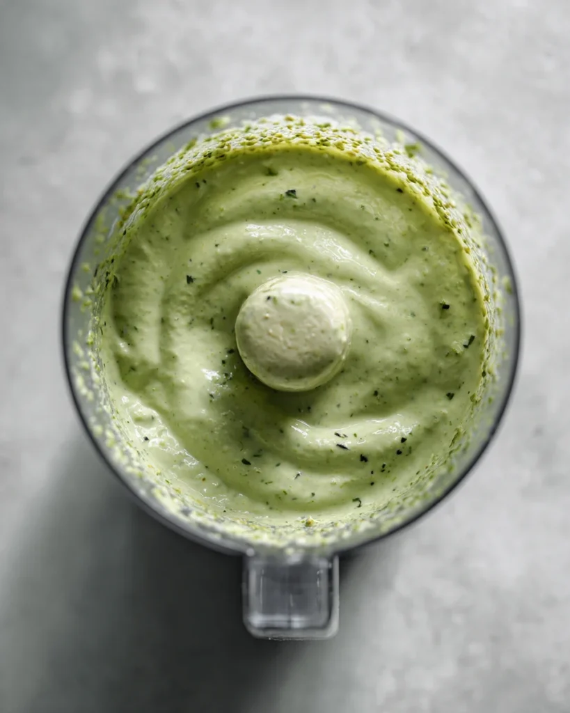 Smooth lemon herb tahini dressing swirled in a food processor, creamy pale green color with light reflection