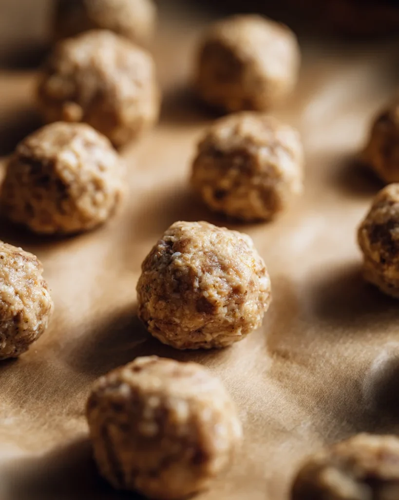 Uncooked meatballs on parchment paper, ready to bake