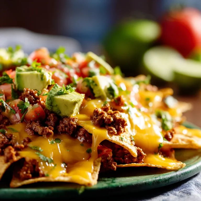 Loaded nachos with melted cheddar, beef, avocado, and pico de gallo