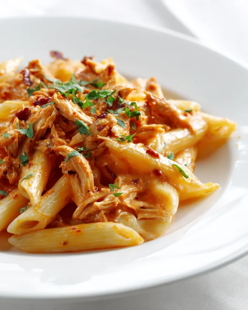 Creamy Buffalo Chicken Pasta served in a white bowl garnished with parsley.