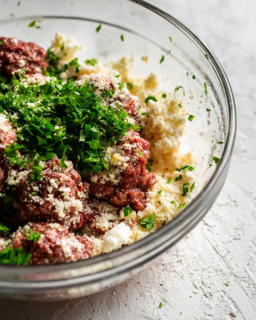 Ricotta meatball mixture with beef, herbs, cheese in a glass bowl